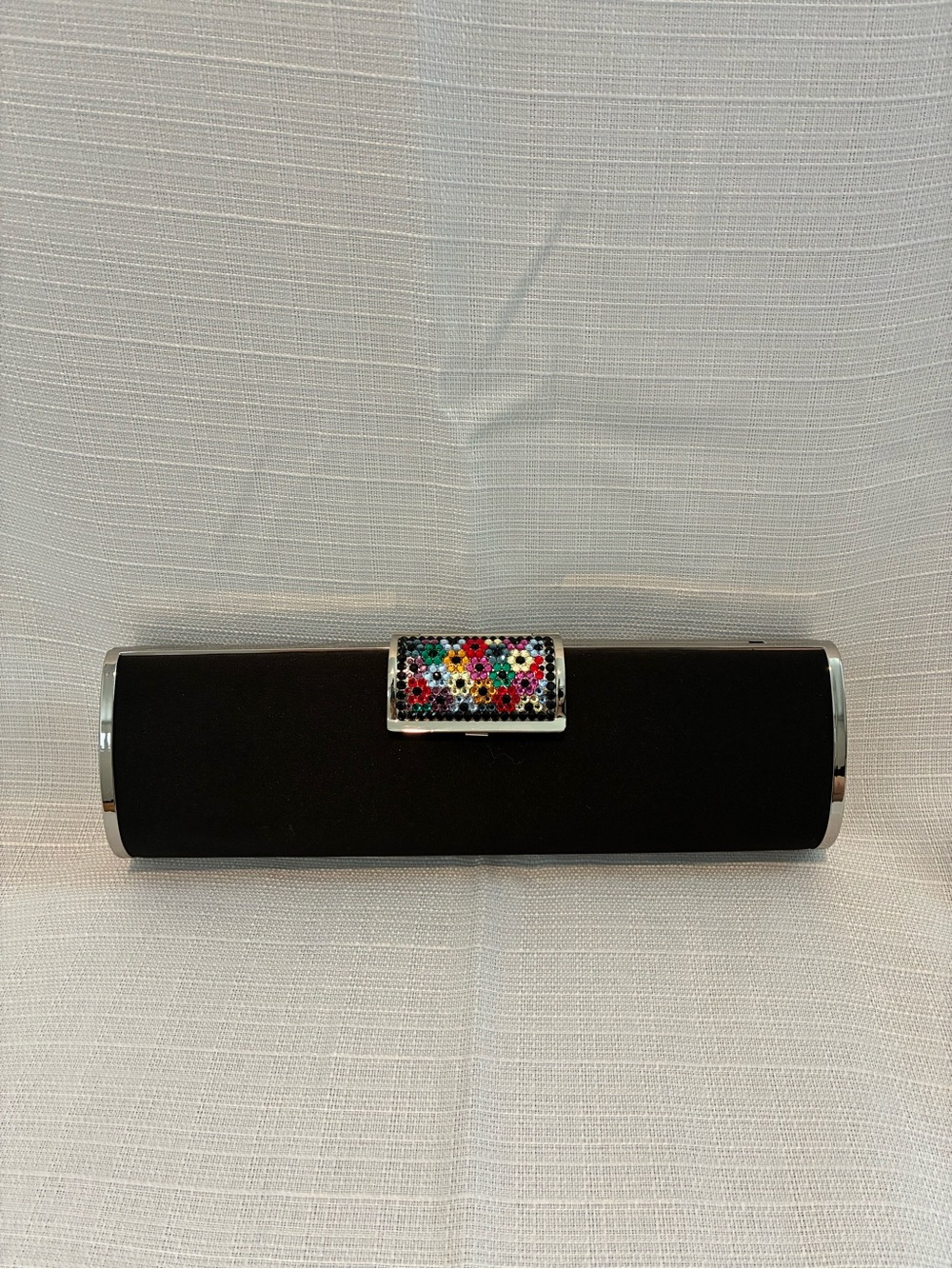 Black Evening Clutch with Multicolor Crystal Accent Shoulder Strap Silver Tone
